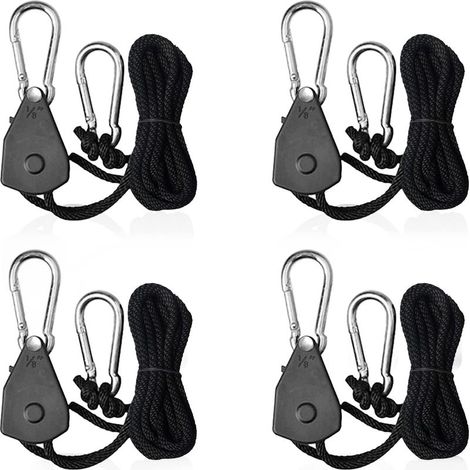 Cordes à cliquet réglables 2,4m – Lot de 4 – Charge max 34kg par cliquet – Crochets acier inoxydable pour intérieur et extérieur (1/5)