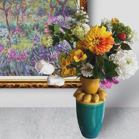 Vase en Porcelaine avec Bouquet de Fleurs en Soie Design Bulles Jaune et Vert H 37 x Ø 22 cm - PANGIVO (1/5)
