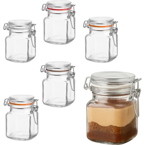 6 Barattoli in vetro quadrati da 100 ml con coperchio ermetico e chiusura a clip, ideale per conserve, marmellate e biscotti -Guarnizione con colori assortiti (1/5)