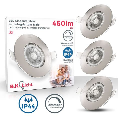 Einbaustrahler 68mm 3er Set - 230V, 5W, 460lm, LED, dimmbar, IP44, warmweiß, matt-nickel