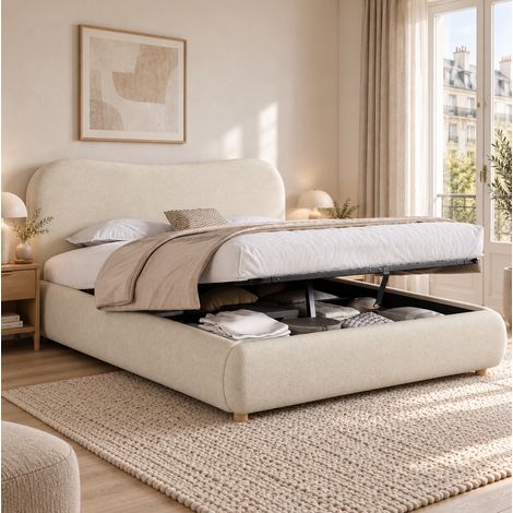 MODFU – Letto contenitore 160x200 cm in ciniglia con contenitore idraulico, testiera imbottita, rete a doghe e carico 220 kg – Beige (1/5)