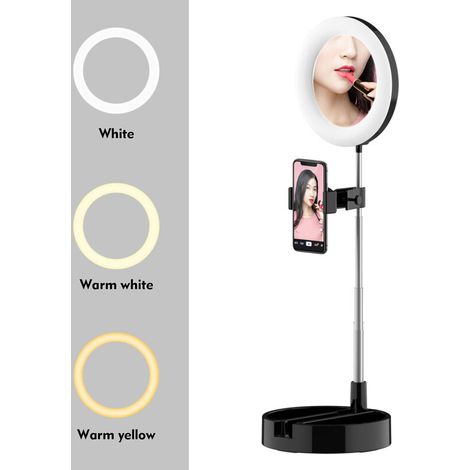 Anneau lumineux portable avec support et support pour téléphone, 11 pouces, intensité variable, 3 modes de couleur et 10 niveaux de luminosité, alimenté par USB, pour selfies de maquillage (1/5)
