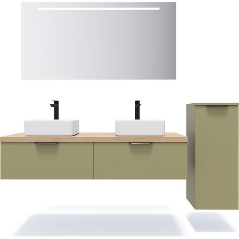 Meuble de salle de bain suspendu 2 vasques à poser 140cm 2 tiroirs Vert olive + miroir + colonne ouverture droite - Soho (1/5)