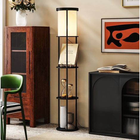 Lampadaire à 3 étagères, E27, télécommande et interrupteur au pied, noir (1/5)
