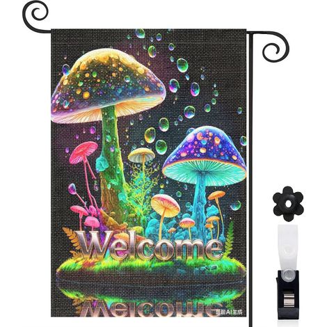 Drapeau de jardin bienvenue 30 x 45 cm motif champignons fantaisie style magique toile double face pour extérieur (1/5)
