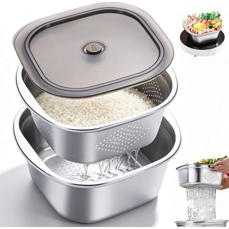 Saladier Passoire Inox 4600 ml 28 cm avec Couvercle et Tamis Intérieur 2 en 1 Égouttoir en Acier Inoxydable pour Pâtes Légumes Fruits Riz Multifonction Cuisine (1/5)