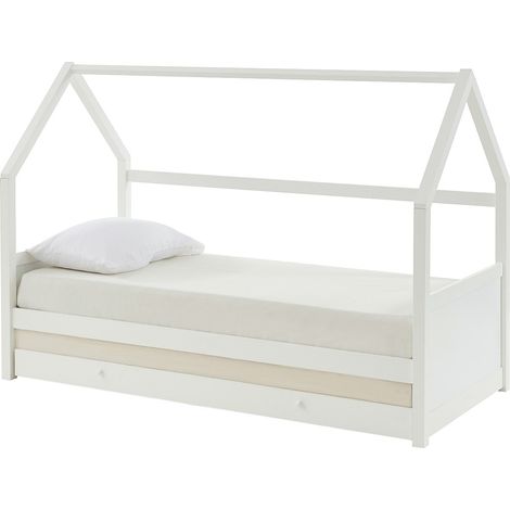 Lit gigogne cabane 2 x 90 x 190 cm - Pin - Blanc + Matelas - HURRA (1/4)