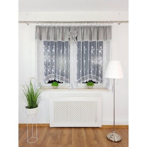 Rideau prêt à poser en marquise de 300 x 160 cm avec dentelle guipure grise et blanche et ruban de zircon (1/5)