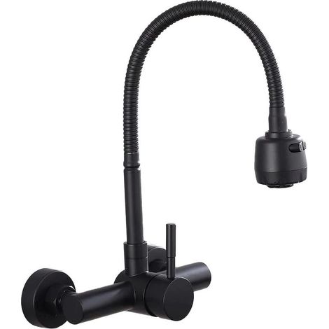 304 Stainless Steel Wall Mounted Kitchen Faucet Mixer Tap 360° Swivel Sink Faucet with Flexible Hose - Black (1/5)