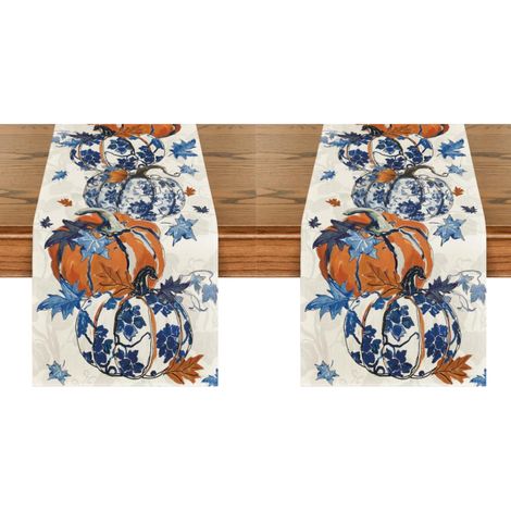 Chemin de table automnal Décoration de table pour la maison et les fêtes 33 x 183 cm Motifs citrouilles et feuilles d'érable en porcelaine (2 pièces) (1/5)
