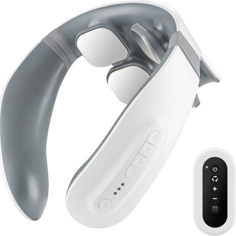 Masajeador eléctrico de cuello, terapia de calor, 6 modos, 18 niveles, temporizador de 15 minutos, batería recargable, control remoto por voz.