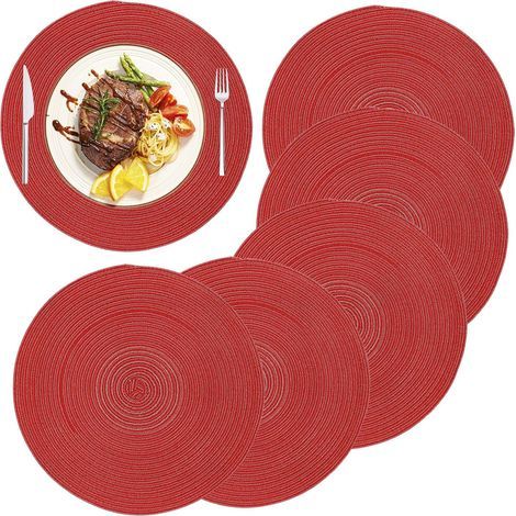 Runde Tischsets aus Baumwolle, hitzebeständig, geflochten und rutschfest, perfekt für Partys, Küche und Mahlzeiten (6er-Set), rot. (1/5)