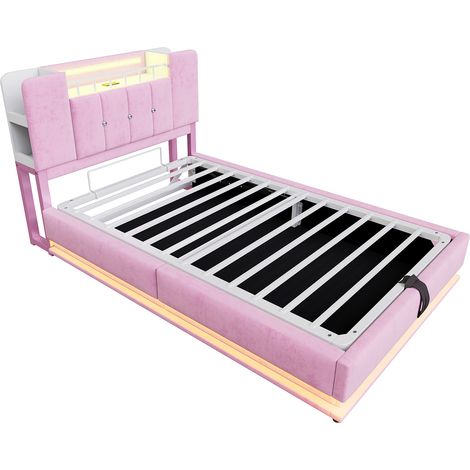 Gepolstertes Kinderbett 90 x 200 cm mit LED, USB und hydraulischem Stauraum, rosa (1/5)