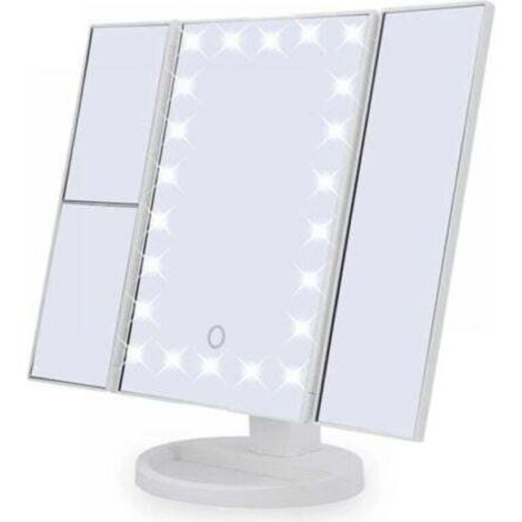 Miroir de Maquillage, Miroir Grossissant Triptyque avec 22pcs LED, Miroir Lumineux 10X/3X/2X avec Ecran Tactile, Alimentation Double, Rotation Réglable à 180 °