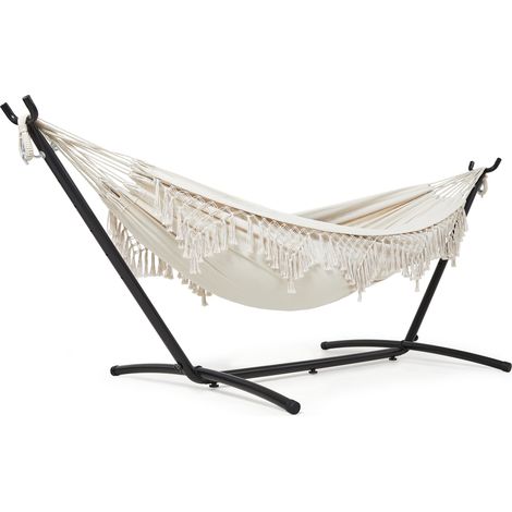 Hamac sur Pied Double avec Franges à 2 Brins - Réglage 6 Positions et Sac de Transport Inclus pour Jardin/Camping en Plein Air, Beige, Mondeer