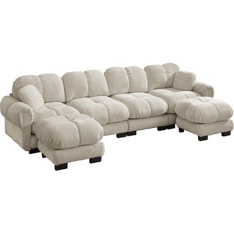 Divano da soggiorno modulare a U a 4 posti in ciniglia color kaki chiaro con 2 pouf mobili (1/5)