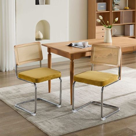 Chaises de salle à manger Velours rembourrée modernes - Lot de 2 - Avec dossier en rotin naturel Pieds de chaise en métal Doré (1/5)