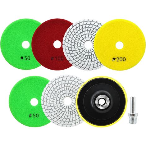 Disque Polissage Diamant - 6 Pièces Tampon Polissage Diamant 100mm Grain 50x3/100x2/200 avec M14 Support Pads+Adaptateur pour Granit Marbre Pierre Artificielle Quartz (1/5)