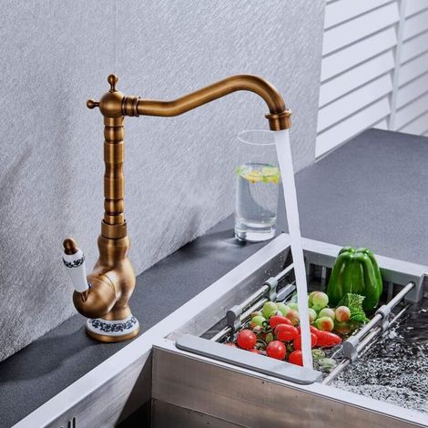 Rubinetto miscelatore a leva in rame anticato per cucina e bagno in stile moderno, rubinetto per lavabo con beccuccio girevole retrò. (1/3)