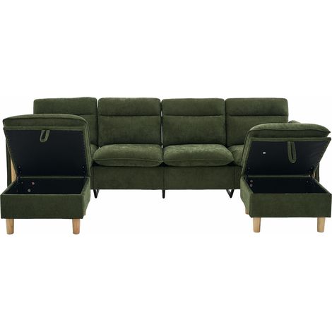 Divano modulare 4 posti in ciniglia verde con 2 pouf contenitore HOMVRA (1/5)