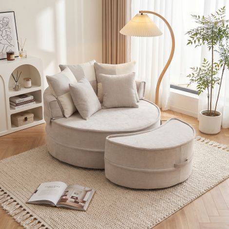 Canapé rond avec 5 coussins et pouf inclus, pour salon et chambre, gris (1/5)