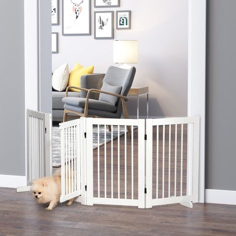 Portail autoportant pour chien avec pieds en bois 220x91 cm, couloir, cuisine, portes, pour escaliers, 4 panneaux, blanc (1/4)