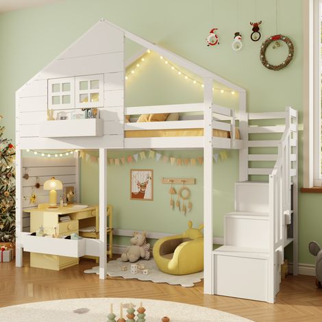Litera infantil de madera de pino y MDF blanca 90x200 cm con escalera de almacenaje y somier incluido (1/5)