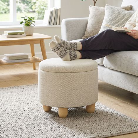 Pouf Coffre de Rangement Rond en Toile de Jute, Repose-pieds avec Couvercle, Pieds Bois Hévéa, Beige (1/5)