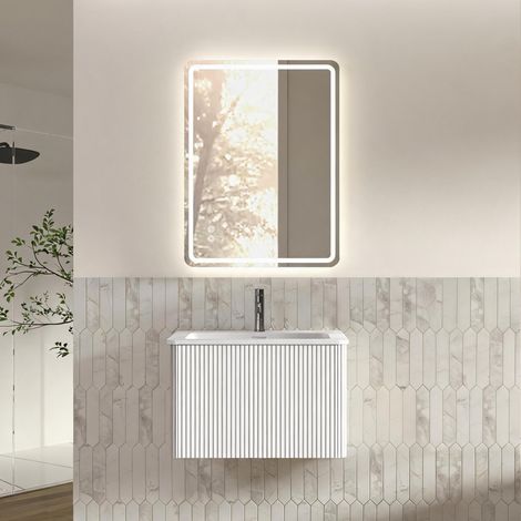 Badmöbel-Set mit LED Spiegel, 60 cm Waschtisch mit Unterschrank, wandhängend, weiß, vormontiert (1/2)
