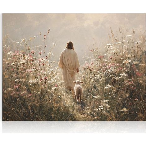 Affiche Religieuse Jésus Agneau, Tableau Toile Bon Pasteur Chrétien Pour Chambre Église 30x40 Cm Sans Cadre (1/5)