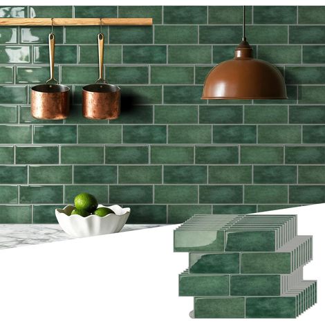 Panneaux adhésifs pour murs 10 feuilles, 3D tuiles pour murs à coller et à décoller la cuisine, vert vintage carreaux adhésifs pour cuisine salle de bains (29 x 21 cm) (1/4)