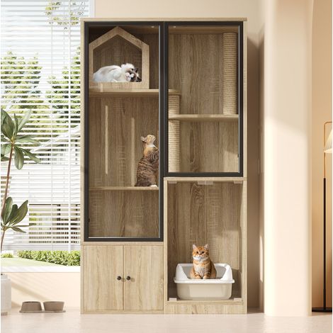 Cage pour chat en MDF et verre trempé, 90 x 50 x 160 cm, couleur naturelle OKMYHOME (1/5)