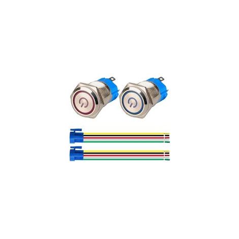 2 Stück verriegelnder Drucktastenschalter 1NO1NC, Edelstahl, wasserdicht, 220 V–230 V/5 A, LED-beleuchteter Schalter mit Steckdose, passend für 16 mm Montageloch (blau + rot) (1/5)