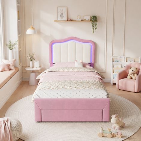 Cama infantil 90x200 cm de terciopelo rosa con cajón, sin colchón - CHICFURN (1/5)