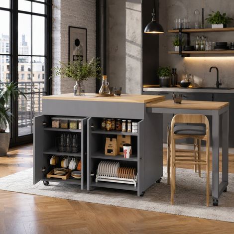 Tavolo bar allungabile 117-180 x 50 x 94,6 cm grigio con 6 vani portaoggetti e struttura salvaspazio (1/5)