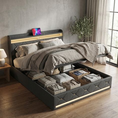 Letto contenitore 160x200 con rete a doghe, letto matrimoniale imbottito trapuntato con illuminazione LED RGB, caricatore wireless e porta USB/Type-C, letto per adulti, lino, stile scandinavo moderno,