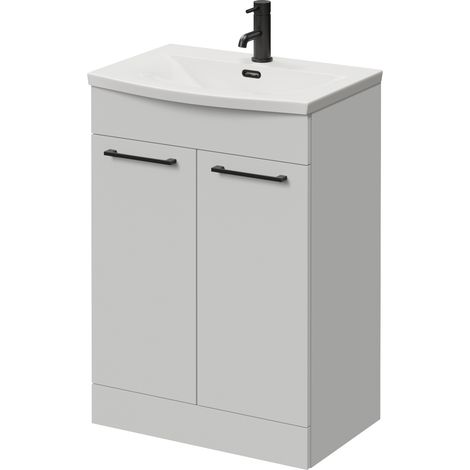 Napoli 390 Gloss Grey Pearl 600mm 2 Door Vanity Unit with Arc Basin - 600mm - Matt Black 160mm Handle