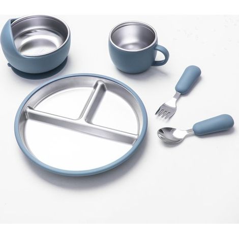 Set de 5 pièces vaisselle enfant – Acier inoxydable – Bleu – Assiette, bol, gobelet, couverts – Ventouse – Sans BPA (1/5)