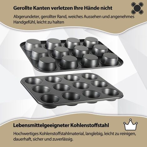Muffinform, Cupcake-Form, antihaftbeschichtet, Kohlenstoffstahl, für kleine Muffins, Mini-Muffins, Cupcakes, Brownies, schwarz, 24,6 x 18,5 x 2 cm (schwarz 1) (1/5)