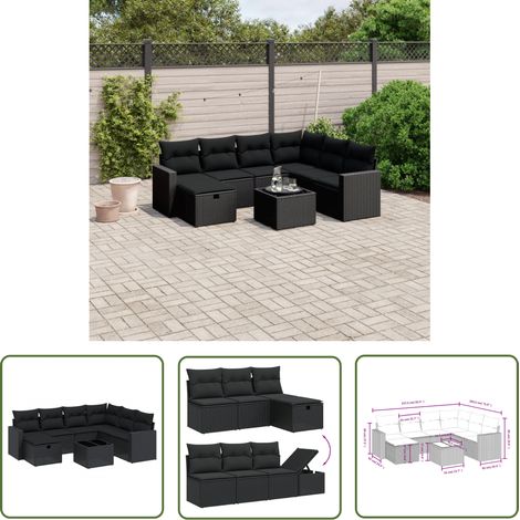 The Living Store 8-tlg. Garten-Sofagarnitur mit Kissen Schwarz Poly Rattan - Gartenmöbel Set - PE-Rattan Gartenmöbel - Outdoor Lounge Set - Esstisch Set - Balkonmöbel (1/4)