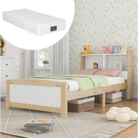 MEUBLIV Cama 90x200 cm blanca – cabecero con almacenamiento, sin colchón (1/5)