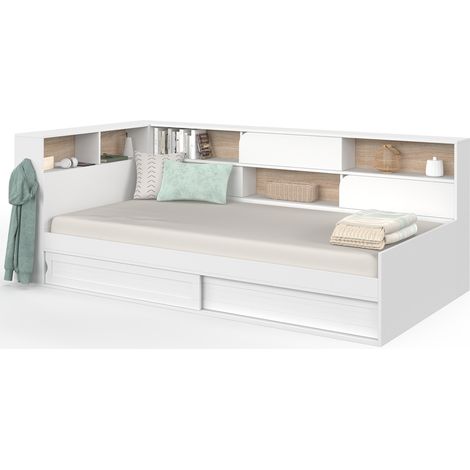 Lit simple TIMOTHEE avec rangements, tĂŞte de lit avec niches et sommier 90 x 190 cm blanc et hĂŞtre (1/5)
