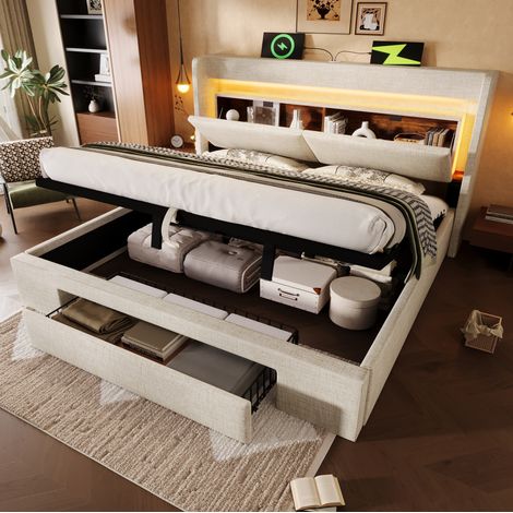 Polsterbett 180/200 cm beige aus Leinen mit LED, USB-C und hydraulischem Stauraum (1/5)