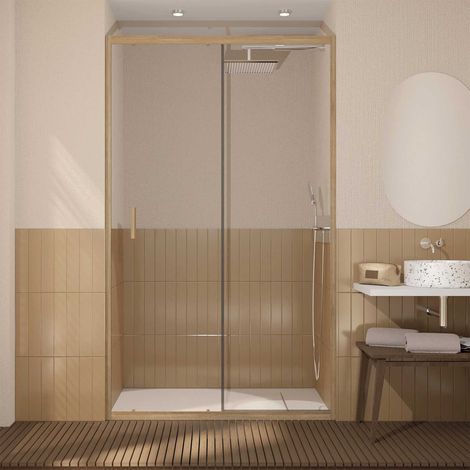 Porta Doccia Scorrevole 120x200cm - Profili in Alluminio Legno - Vetro 6mm (1/4)