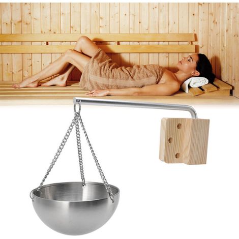Bol aromatisant pour sauna [Résistant] Coupe en acier inoxydable suspendue avec bloc de bois pour sauna S 12cm