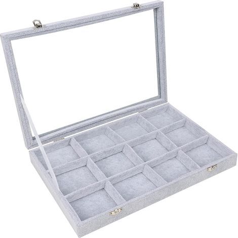 Schmuckkästchen aus grauem Samt mit 12 Fächern und Glasdeckel - Stapelbar (1/5)