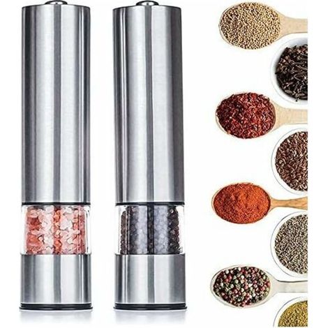 Lot de 2 moulins à sel et poivre électriques rechargeables en acier inoxydable brossé avec plaques de meulage réglables Argenté 22,5 cm x 5,2 cm (1/5)