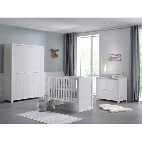 Pack - Lit Bébé 60x120cm, Commode & Armoire "Erik" Blanc (1/4)