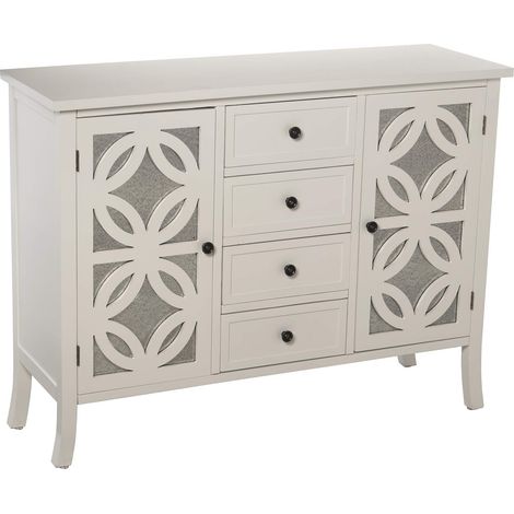Commode avec 2 Portes et 4 tiroirs en Bois et Miroir en Blanc, 110 x 37 x 84 cm (1/4)
