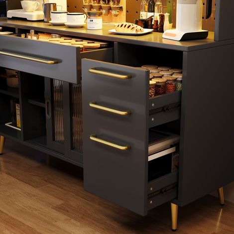 Meuble TV moderne avec éclairage LED, buffet haut pour cuisine et salon, armoire de rangement avec panneau perforé, tiroir et porte vitrée, noir (1/5)